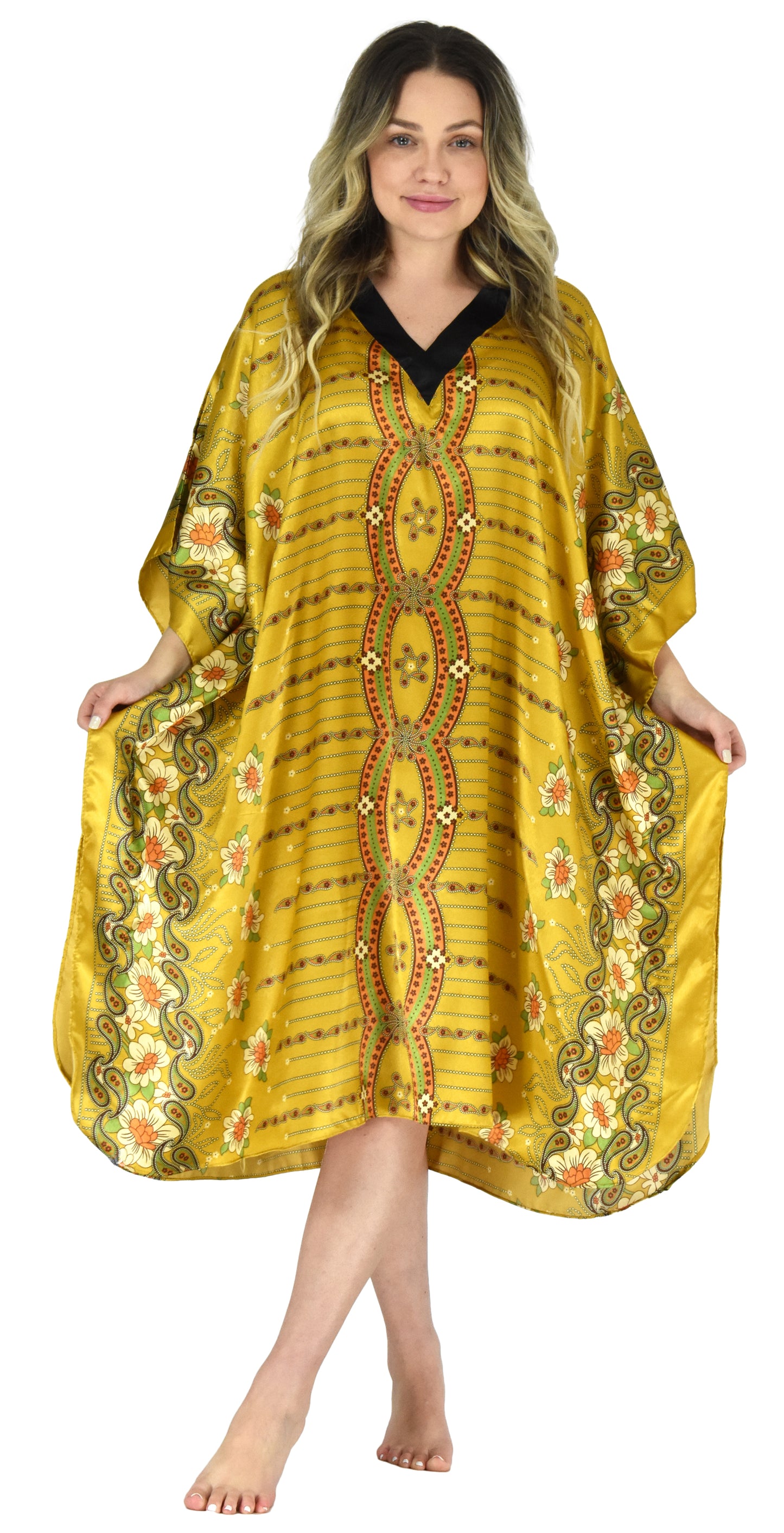Women's Short Satin Caftan / Kaftan / Muumuu, Unique Golden Print, CShort-36C3