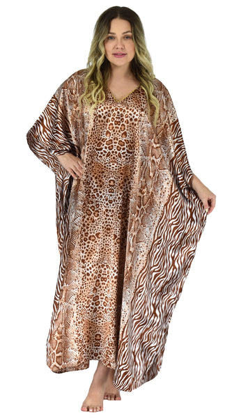Women's Long Satin Caftan / Kaftan / Muumuu, Gold and Black Animal Print