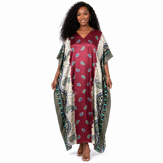 Up2date Fashion Satin Caftan in Burgundy Paisley Print, One Size, Style Caf-04C2
