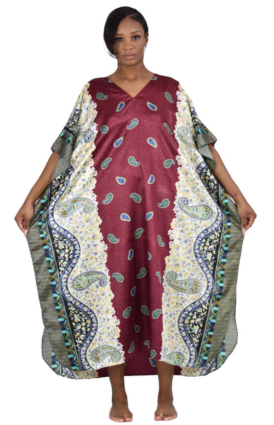 Up2date Fashion Satin Caftan in Burgundy Paisley Print, One Size, Style Caf-04C2