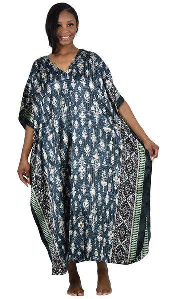 Women's Long Satin Caftan / Kaftan / Muumuu, Black Floral Print, Style Caf-103