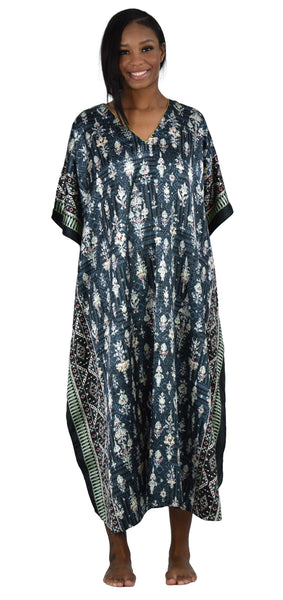 Women's Long Satin Caftan / Kaftan / Muumuu, Black Floral Print, Style Caf-103
