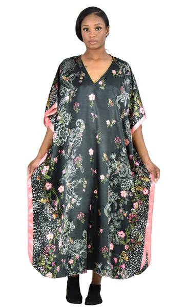 Women's Long Satin Caftan / Kaftan / Muumuu, Spring Sky Floral Print, Style Caf-104