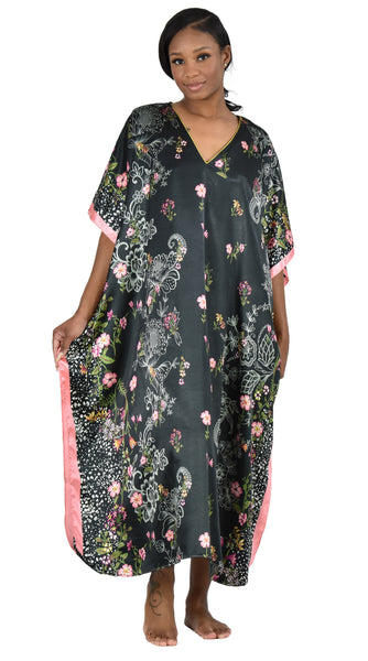 Women's Long Satin Caftan / Kaftan / Muumuu, Spring Sky Floral Print, Style Caf-104