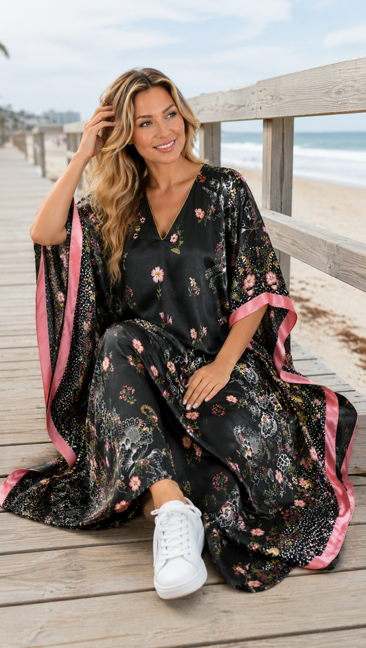 Women's Long Satin Caftan / Kaftan / Muumuu, Spring Sky Floral Print, Style Caf-104