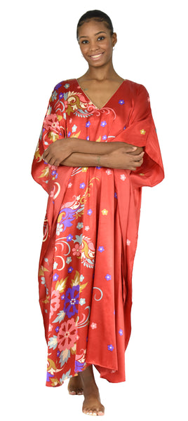 Up2date Fashion Women Satin Caftan in Charming Red Floral Breeeze Print, One Size, Style Caf-11C3