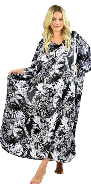 Women's Long Satin Caftans / Kaftans / Muumuus, Three-Piece Black Print Value Pack 25