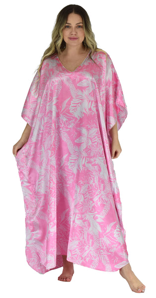 Women's Long Satin Caftan / Kaftan / Muumuu, Spheroid Floral Print in Pink, Style Caf-15P