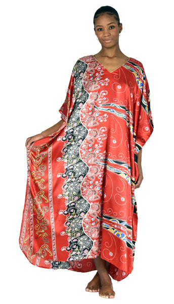 Women's Long Satin Caftan / Kaftan / Muumuu, Red Desert Print