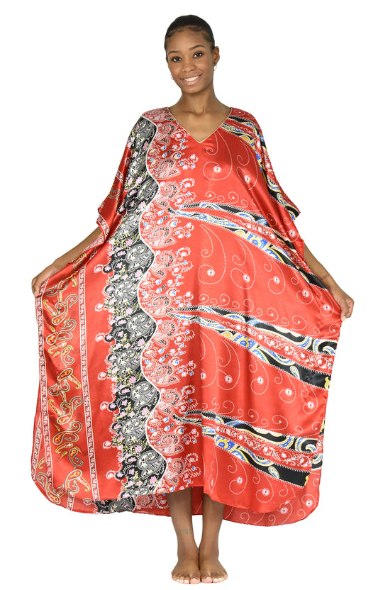 Women's Long Satin Caftan / Kaftan / Muumuu, Red Desert Print