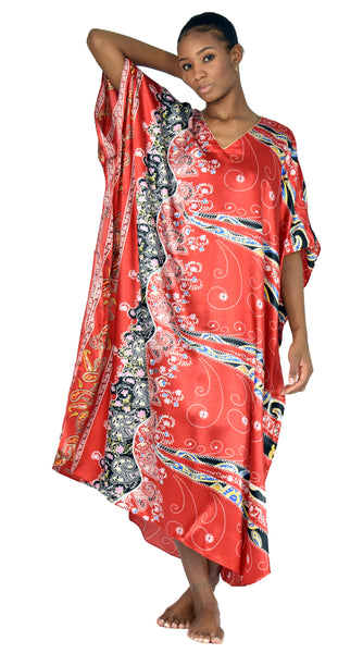 Women's Long Satin Caftan / Kaftan / Muumuu, Red Desert Print