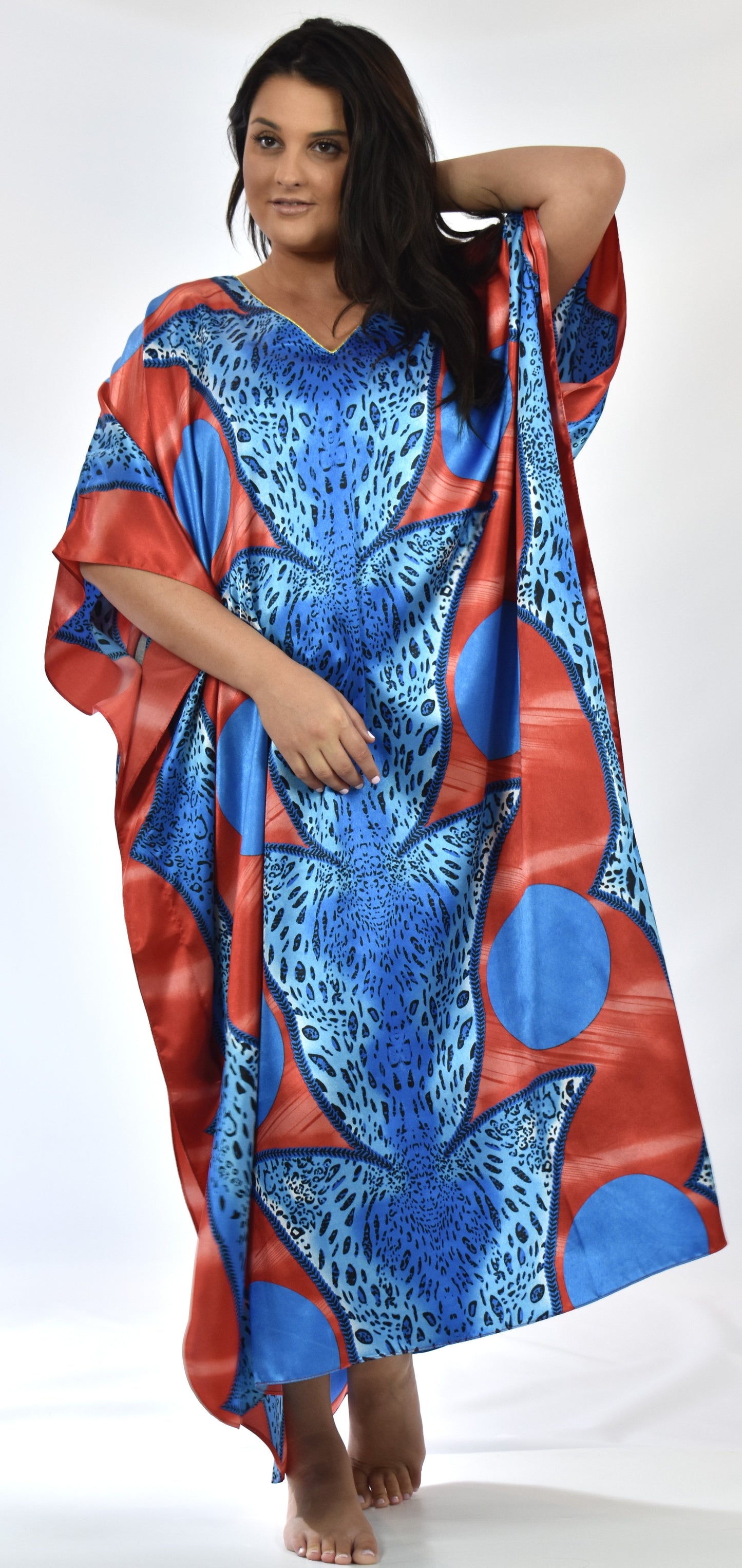 Women's Long Satin Caftan / Kaftan / Muumuu, Tropical Cocktail Animal Print Lounger, Style Caf-23CS