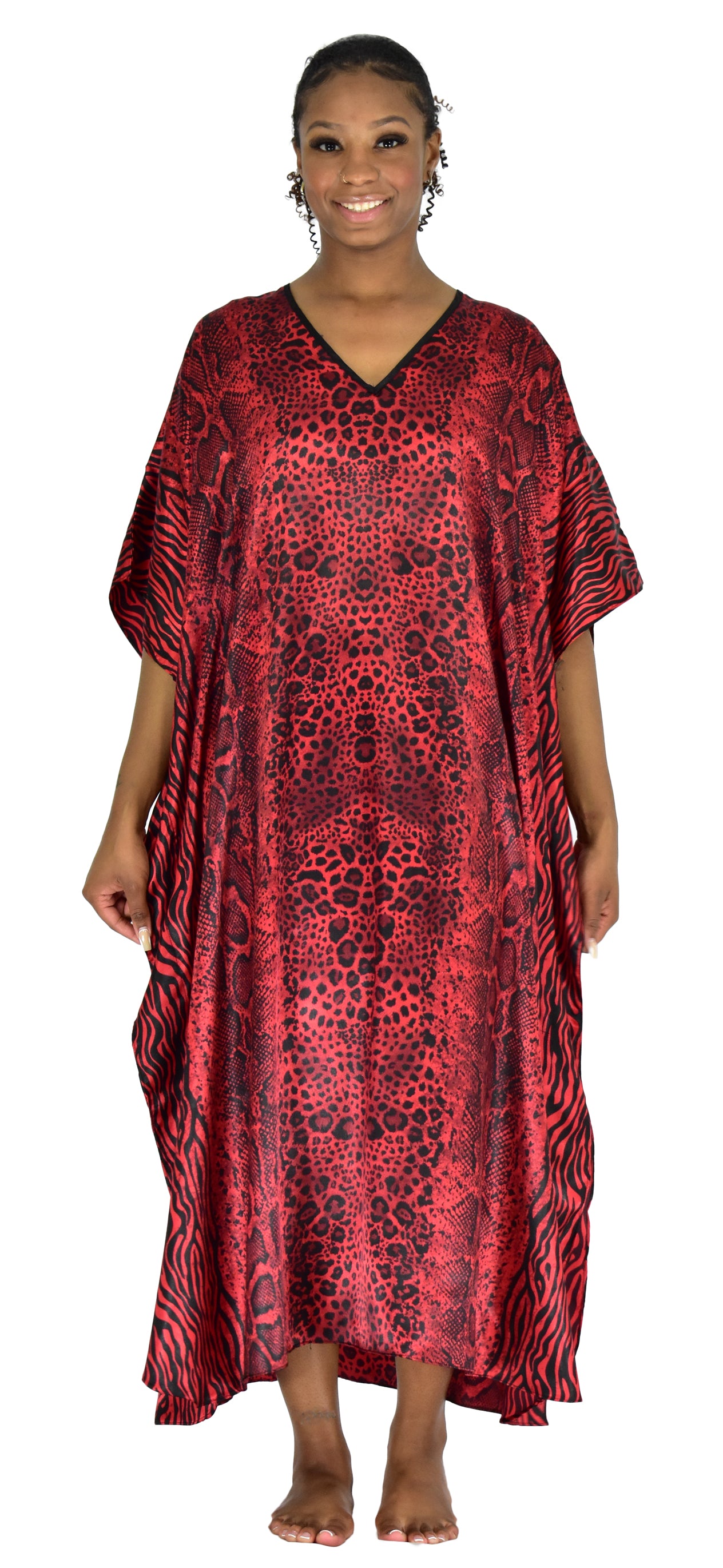 Women's Long Satin Caftan / Kaftan / Muumuu, Tiger Animal Print in Red