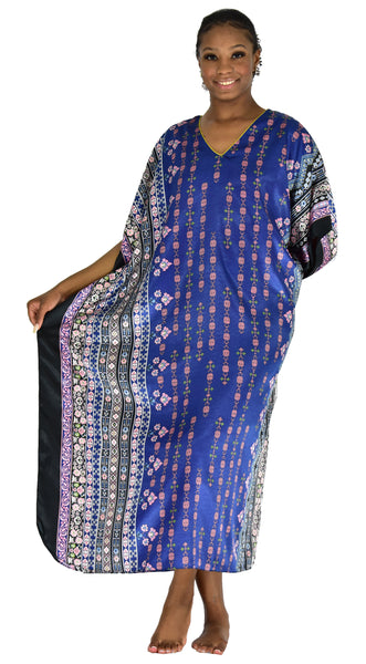Women's Long Satin Caftan / Kaftan / Muumuu, Spheroid Floral Print in Navy, Style-44