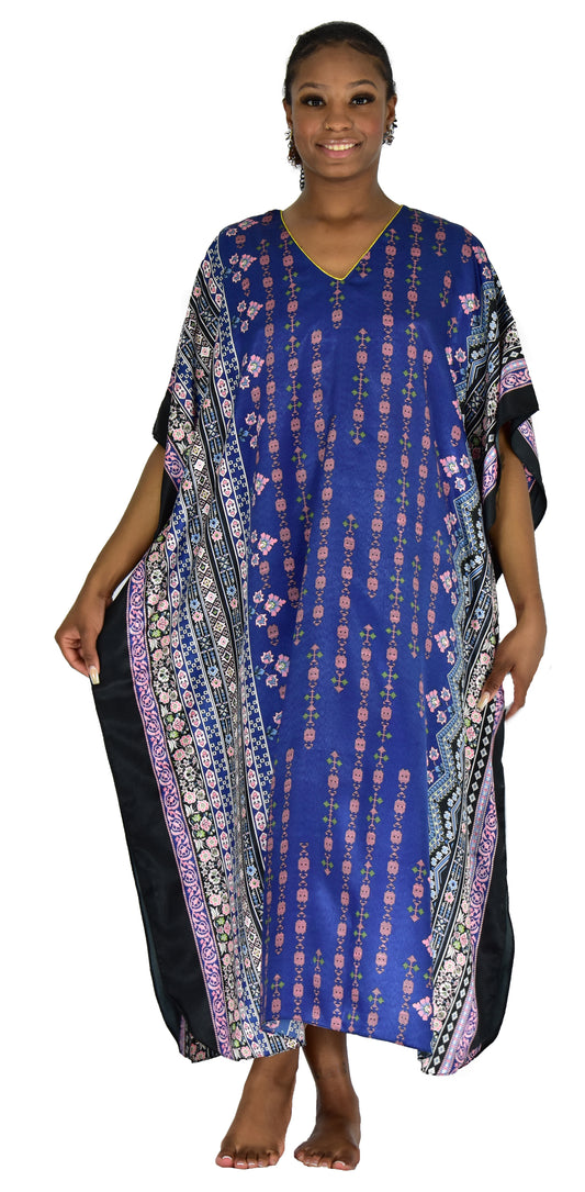 Women's Long Satin Caftan / Kaftan / Muumuu, Spheroid Floral Print in Navy, Style-44