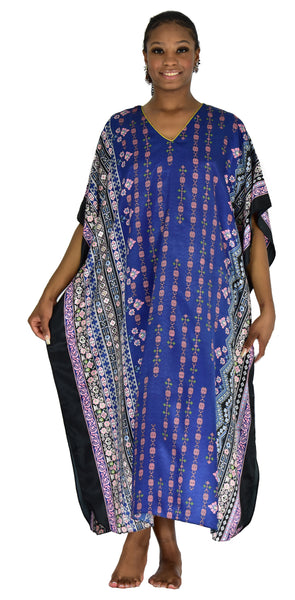 Women's Long Satin Caftan / Kaftan / Muumuu, Spheroid Floral Print in Navy, Style-44
