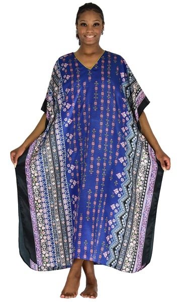 Women's Long Satin Caftan / Kaftan / Muumuu, Spheroid Floral Print in Navy, Style-44