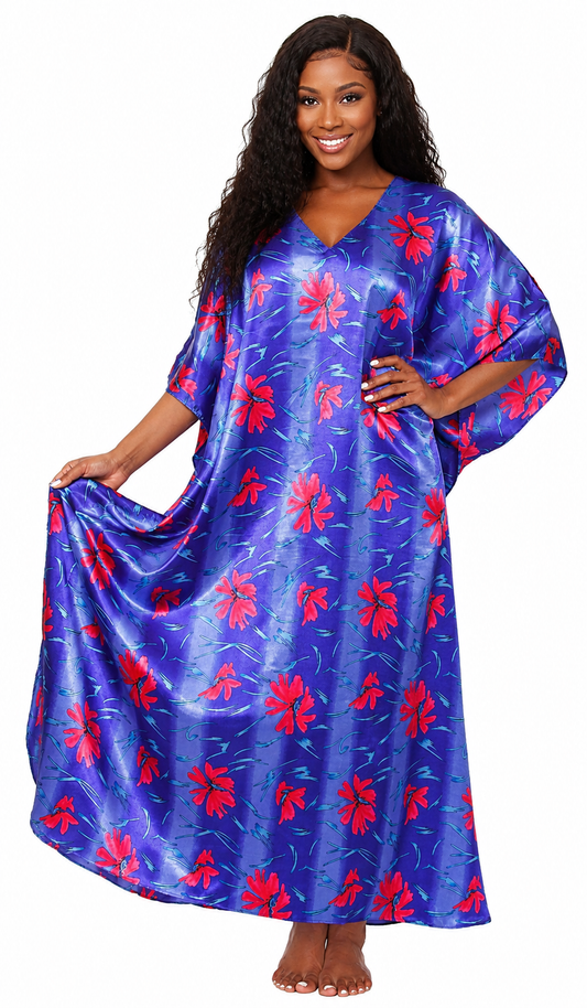 Women's Long Satin Caftan / Kaftan / Muumuu, Deep Sea Lilies Print