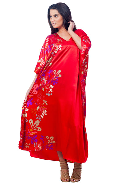 Women's Long Satin Caftans / Kaftans / Muumuus, Three-Piece Red Print Value Pack 23