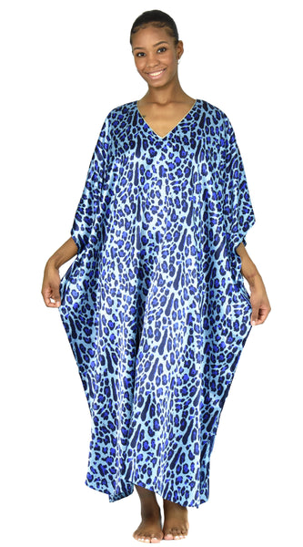 Women's Long Satin Caftan / Kaftan / Muumuu, Tiger Animal Print in Blue