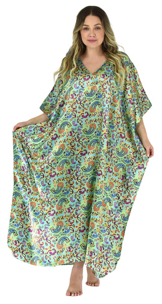 Women's Long Satin Caftan / Kaftan / Muumuu, Abstract Aqua Paisley Print, Caf-68AQ