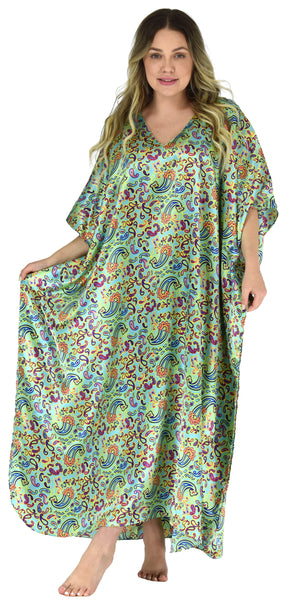 Women's Long Satin Caftan / Kaftan / Muumuu, Abstract Aqua Paisley Print, Caf-68AQ