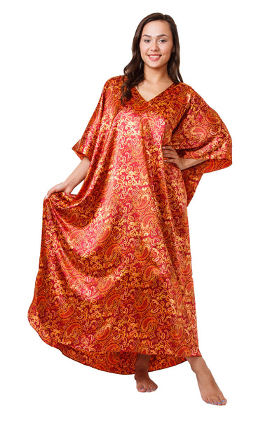 Women's Long Satin Caftan / Kaftan / Muumuu, Antique Forrestal Print, Style Caf-68BG