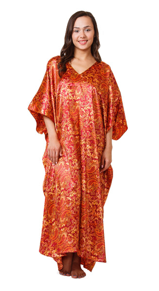 Women's Long Satin Caftan / Kaftan / Muumuu, Antique Forrestal Print, Style Caf-68BG