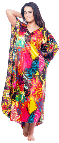 Women's Long Satin Caftan / Kaftan / Muumuu, Midnight Safari Print