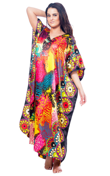 Women's Long Satin Caftan / Kaftan / Muumuu, Midnight Safari Print
