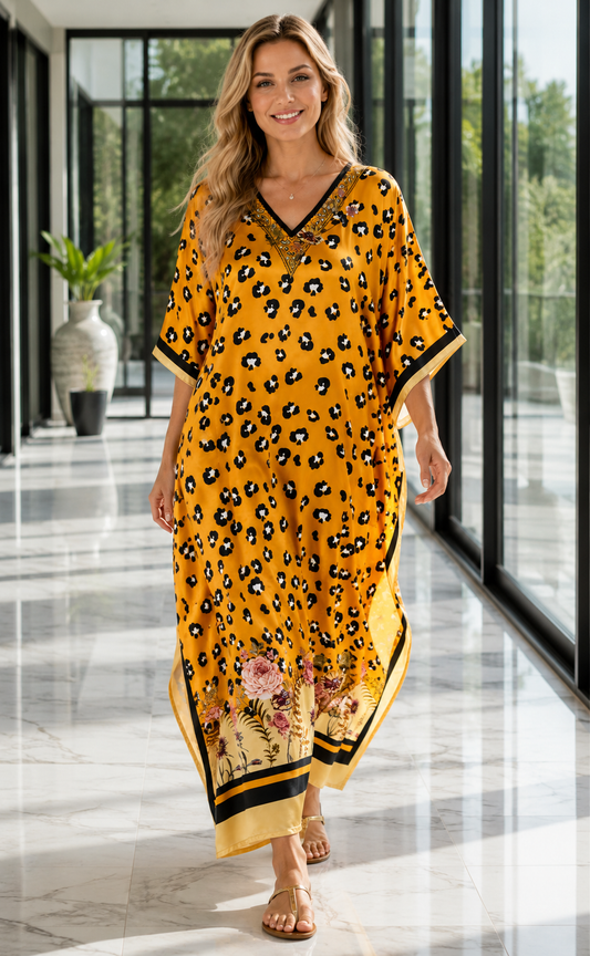 Women's Long Satin Caftan / Kaftan / Muumuu, Tiger Animal Print, Style DGP-03