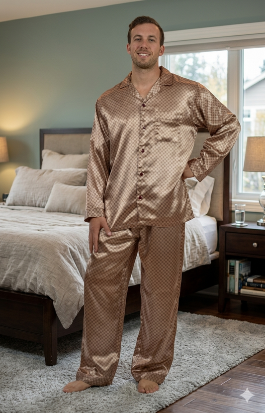 Men’s Tie Print Satin Pajama Set for Men – Soft Luxury Sleepwear PJs