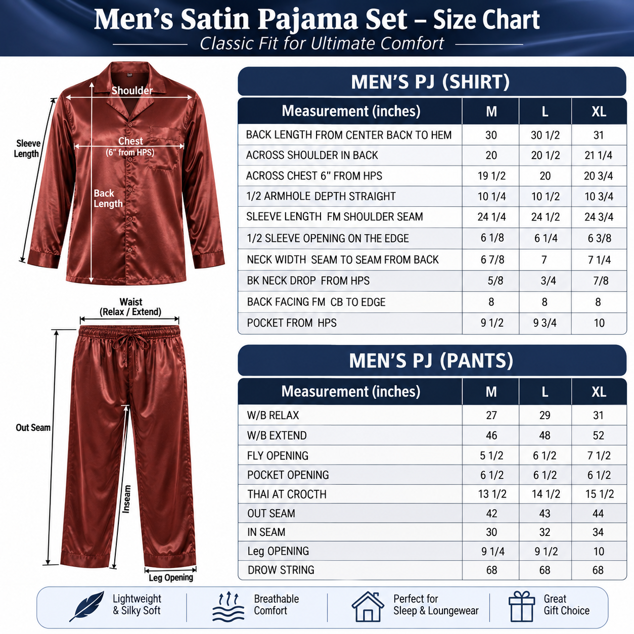 Pajamas Set Mens Silky Satin Pajamas Long Sleeve Loungewear 2-Piece Sleepwear Button-Down PJ with Long Pants