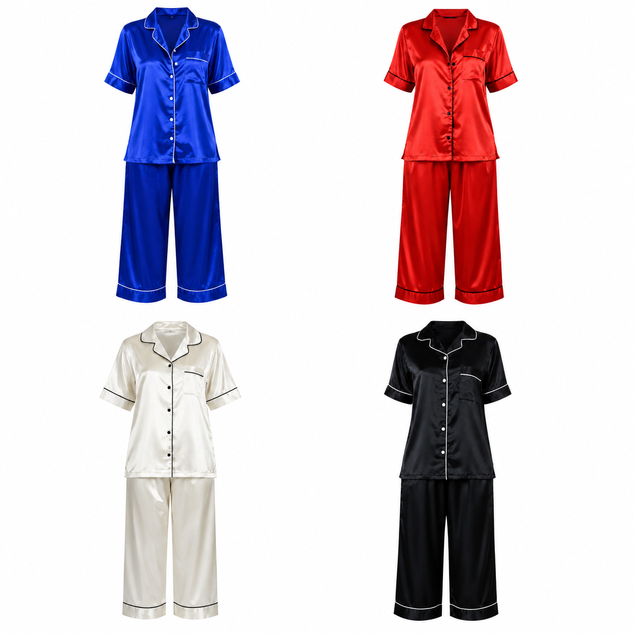 Up2date Fashion Satin Silky Pajama Set Women Capri Pants 2 Piece PJ Button Down Sleepwear Lounge Sets