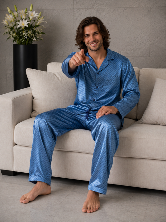 Up2date Fashion Pajamas Set Mens Silk Satin Long Sleeve Loungewear Two-Piece Sleepwear Button-Down Pj with Full Pants