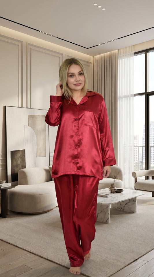 Up2date Fashion Women's Satin Pajama Set 2-Piece Long Sleeve Button Down Sleepwear Silky V-neck PJ Set with Pants