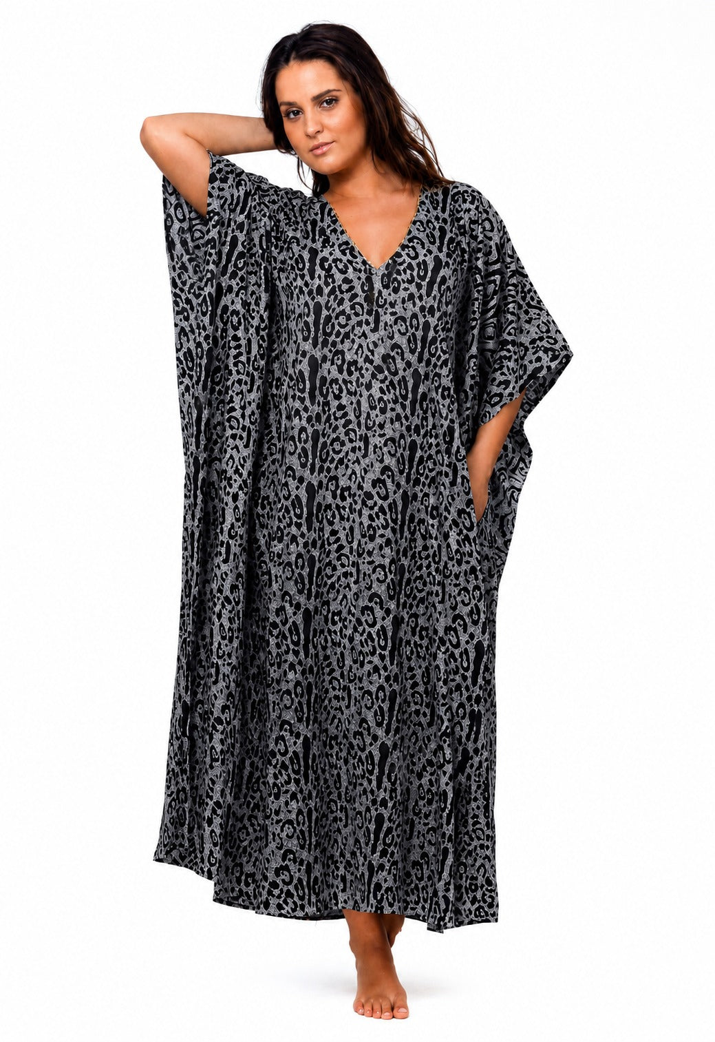 Women's Long Satin Caftan / Kaftan / Muumuu, Classic Animal Print Nightgown, Style Caf-65C2