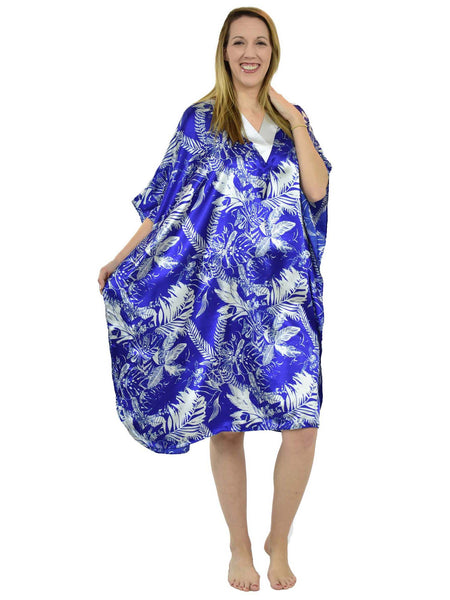 Women's Short Satin Caftan / Kaftan / Muumuu, Tropical Sapphire Print