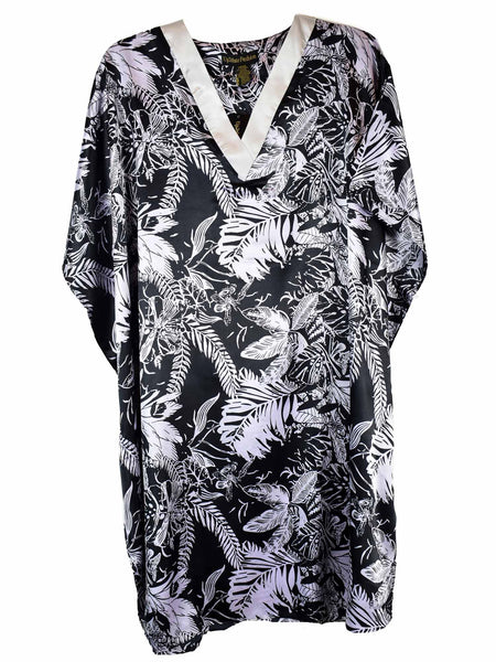 Women's Short Satin Caftan / Kaftan / Muumuu, Midnight Leaves Print