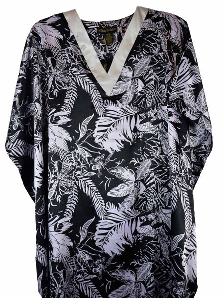 Women's Short Satin Caftan / Kaftan / Muumuu, Midnight Leaves Print