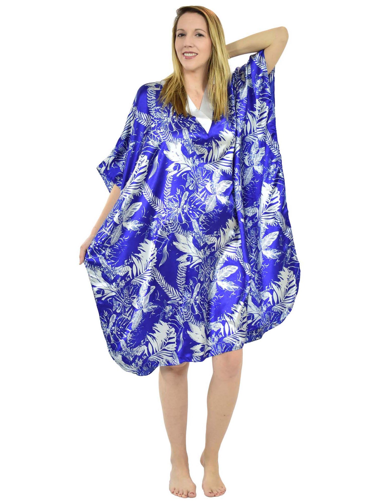 Women's Short Satin Caftan / Kaftan / Muumuu, Tropical Sapphire Print