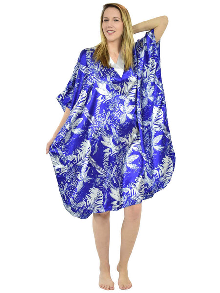 Women's Short Satin Caftan / Kaftan / Muumuu, Tropical Sapphire Print