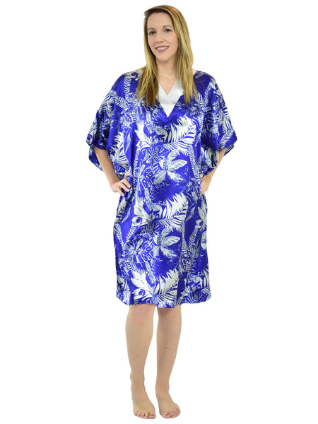 Women's Short Satin Caftan / Kaftan / Muumuu, Tropical Sapphire Print