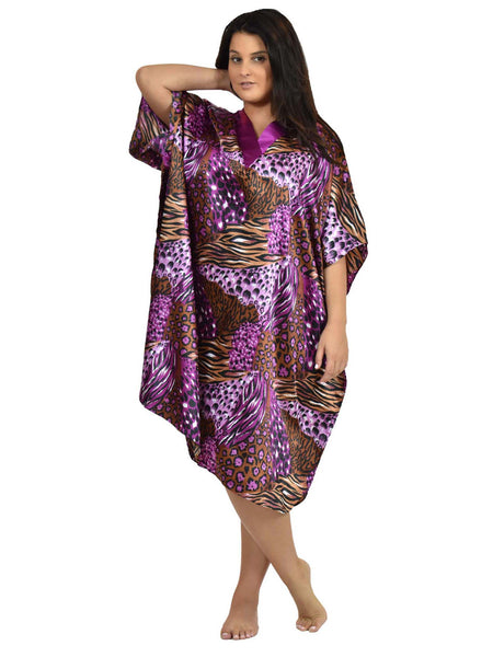 Women's Short Satin Caftan / Kaftan / Muumuu, Pink Cocktail Animal Print