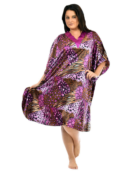 Women's Short Satin Caftan / Kaftan / Muumuu, Pink Cocktail Animal Print