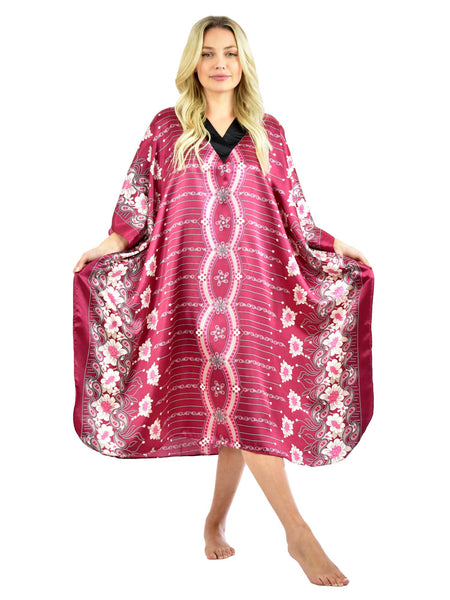 Women's Short Satin Caftan / Kaftan / Muumuu, Cherry Blossom Print