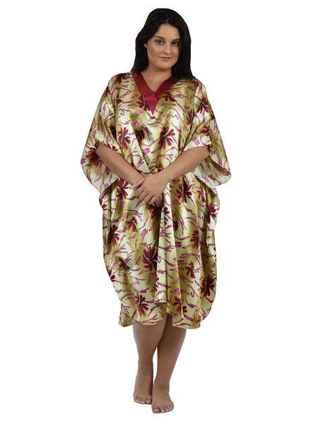 Women's Short Satin Caftan / Kaftan / Muumuu, Coral Lilies Print
