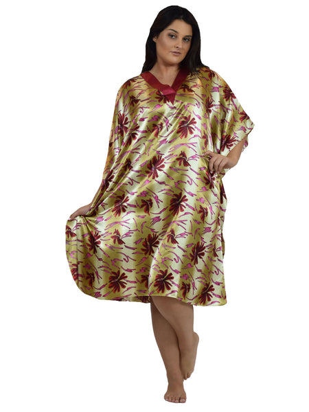 Women's Short Satin Caftan / Kaftan / Muumuu, Coral Lilies Print