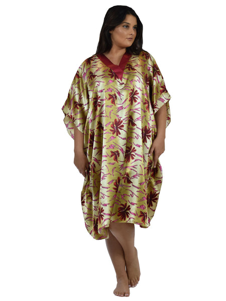 Women's Short Satin Caftan / Kaftan / Muumuu, Coral Lilies Print
