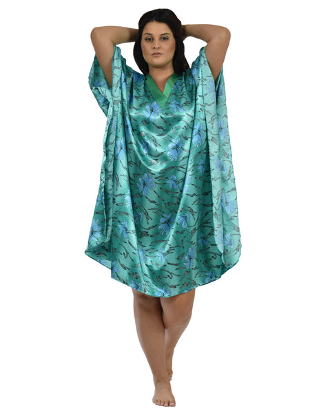 Women's Short Satin Caftan / Kaftan / Muumuu, Underwater Lilies Print